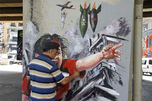 Manifestación artística contra la agresión saudí, en Líbano