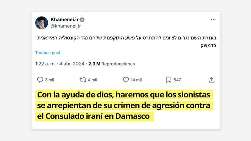 El l&iacute;der de Ir&aacute;n advierte al enemigo sionista por un mensaje en hebreo publicado en la red social X