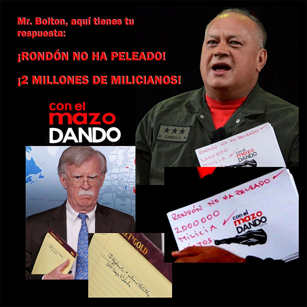 Cabello responde al pol&eacute;mico apunte de Bolton: 2.000.000 en milicia, listos